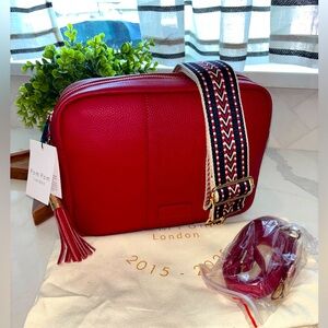 NWT Pom Pom pompom London crimson red City Plus crossbody bag purse tassel strap